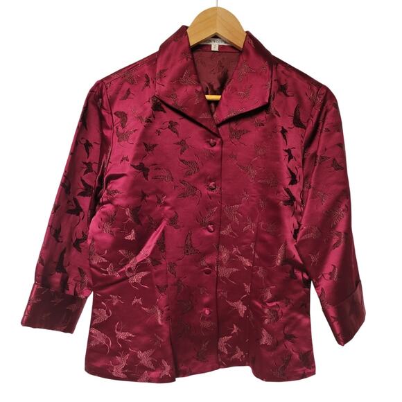 Vintage Red Silk Bend Butterfly Blazer Women's M Button Up Holiday Party Fairy - Picture 1 of 6
